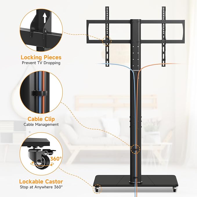 Tall Floor TV Stand for 32-75" TV Portable Rolling TV Cart with Wheels Height Adjustable with Wood Base, Holds up to 88 lbs, Max VESA 600x400mm TS005HB