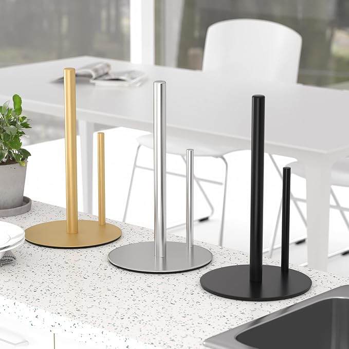 Paper Towel Holder Silver, Premium Stainless Steel Kitchen Roll Dispenser, Countertop Roll Organizer with Weighted Base