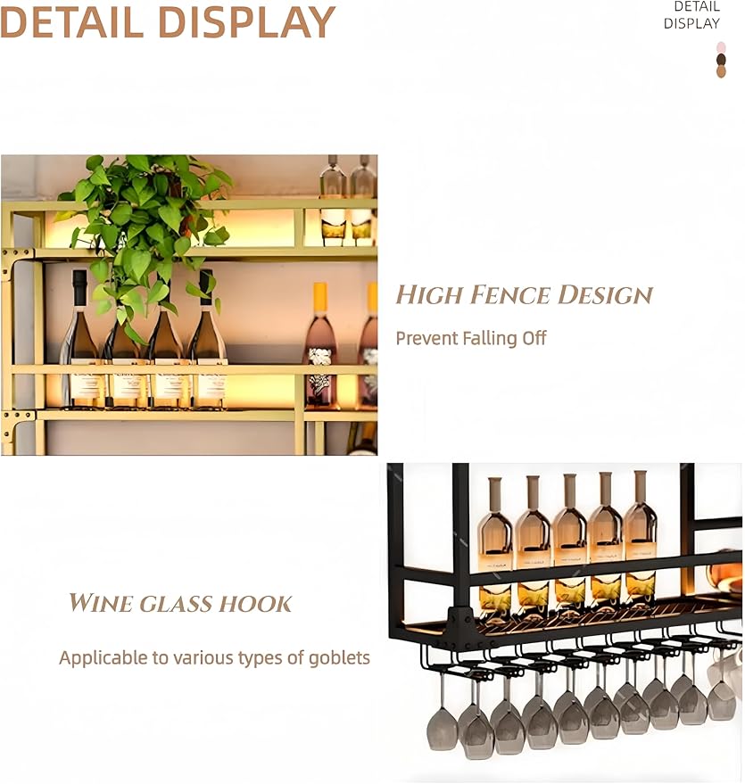 Metal Wall-Mounted Wine Rack with LED Light - 3 Tier Wine Storage Display Rack with Glass Holder - Space-Saving Bottle Display Shelf for Home Bars, Dining Rooms(Black, 31in/80cm)
