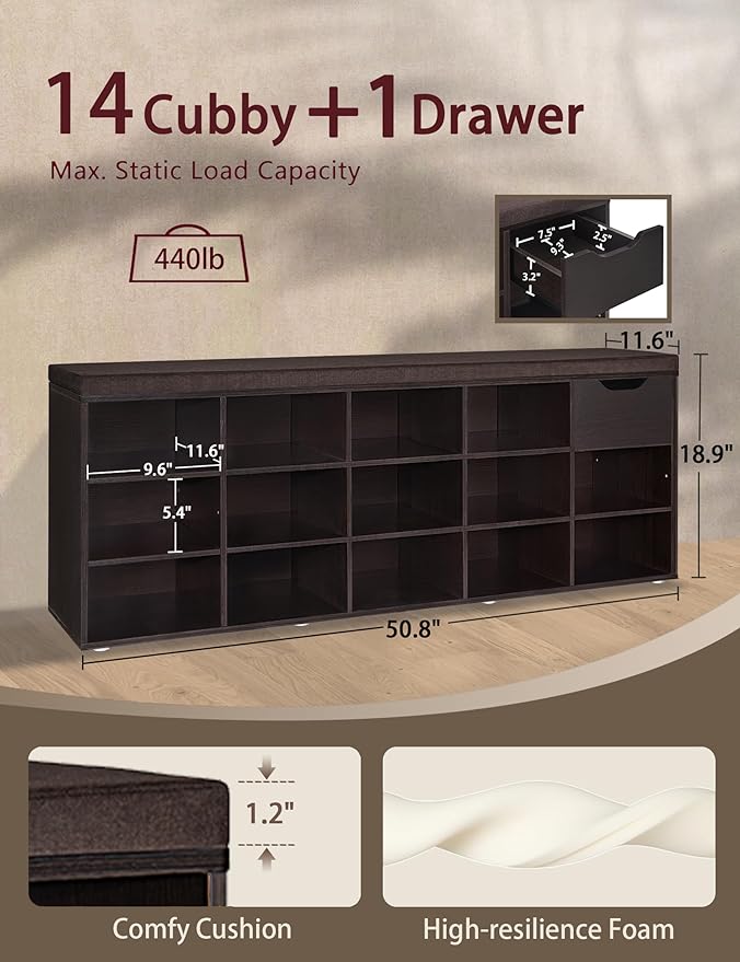 DINZI LVJ Shoe Bench, Entryway Storage Bench with Drawer and 14 Cubbies, Long Cubby Shoe Rack with Adjustable Shelves, Organizer for Living Room, Bedroom, Mudroom, Garage, Espresso