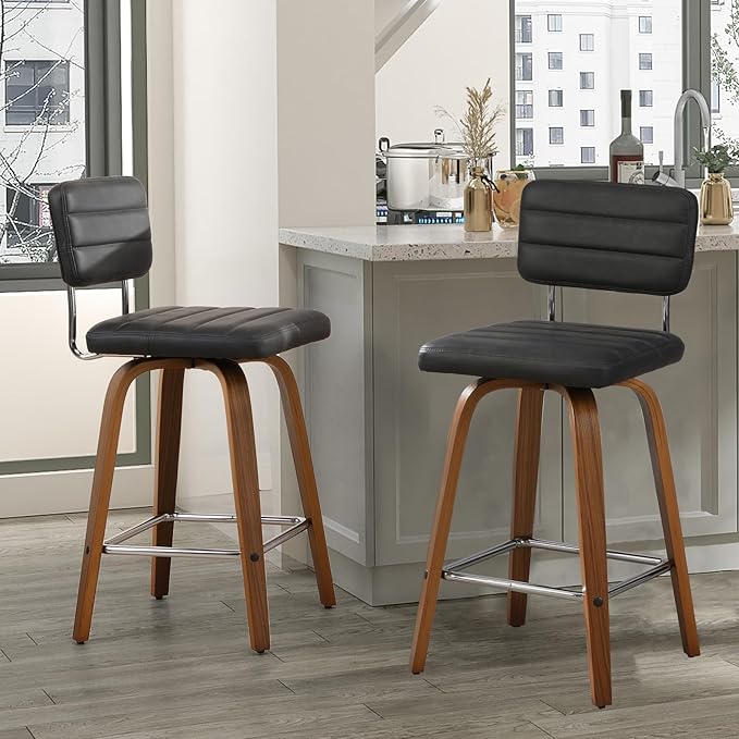 Counter Height Bar Stools Set of 2 Wood Swivel Bar Stools for Kitchen Island Modern Square Barstools with Leather Back Cushion Industrial Vintage Bar Chair Rustic Furniture for Home Pub 26 Inch Grey