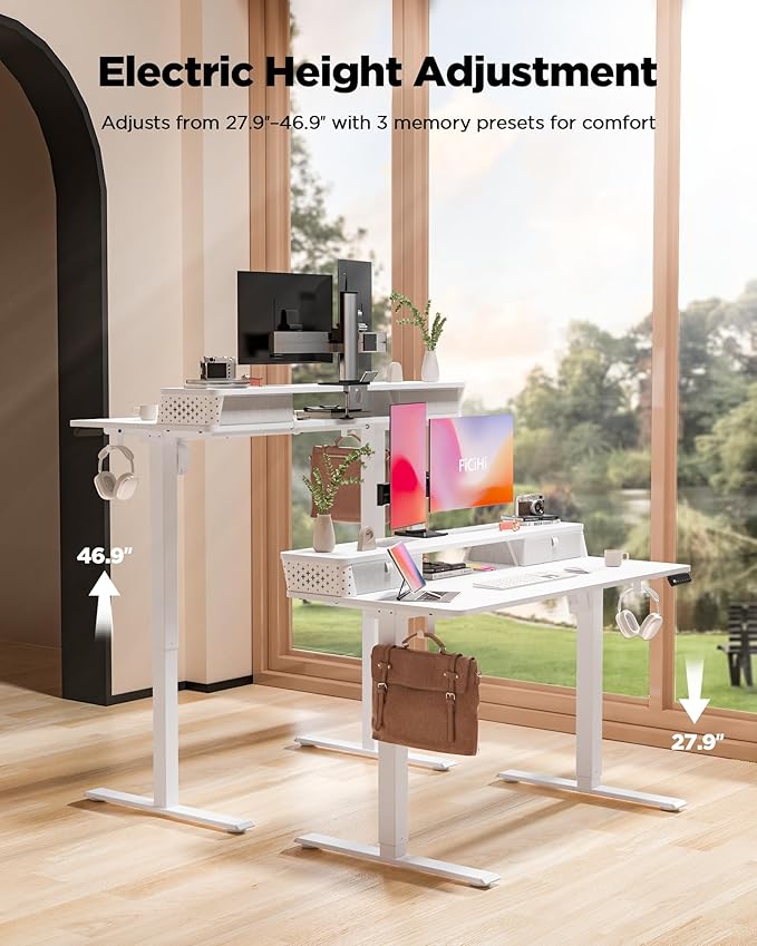 40x24 Inch Standing Desk with Double Drawers, C-Clamp Mount Compatible, Electric Adjustable Height Computer Stand Up Desks, Home Office Sit Stand Table with 3 Preset Heights & 2 Hooks, White