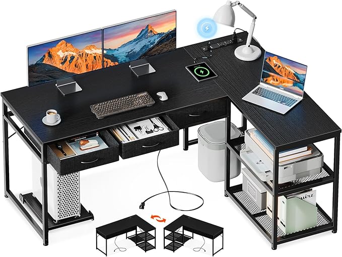 AODK 53 Inch L Shaped Computer Desk with Drawers, Corner Desk with Power Outlets & Reversible Storage Shelves, Movable CPU Stand for Home Office Gaming, Black