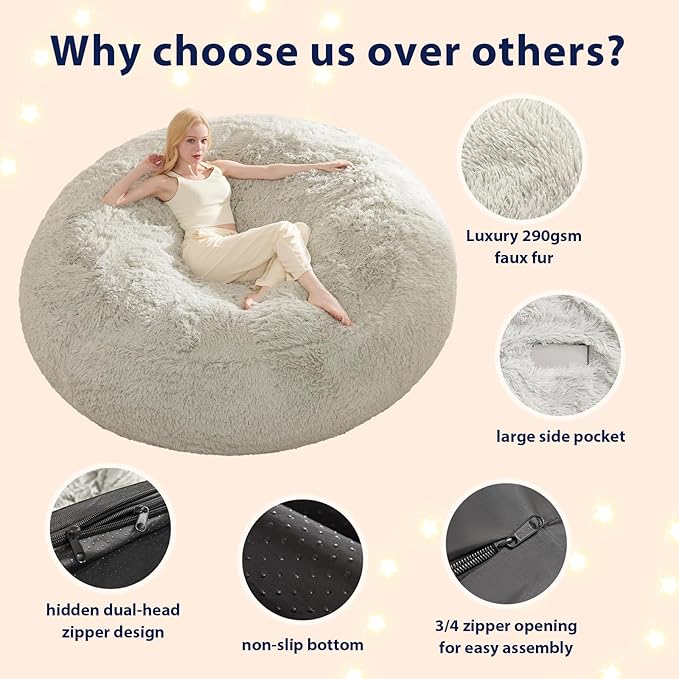 Large Bean Bag Chair Cover, Plush Bean Bags Chairs Cover Only Without Filler Included, Beanbag Chairs for Adults, Teens, Kids, 7FT, Light Grey