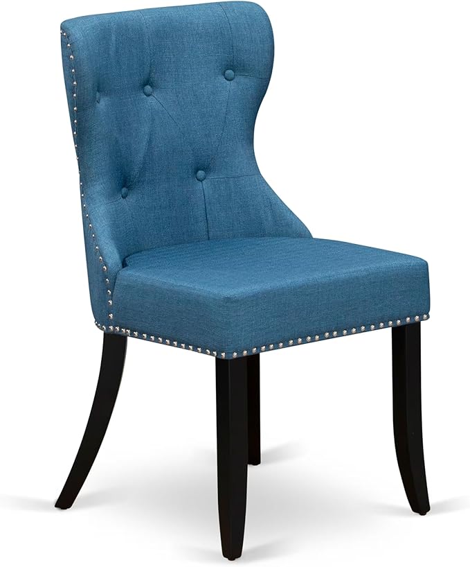 NKSI9-SBB-21-9-Piece Kitchen Table Set Consists of a Dinner Table and 8 Blue Linen Fabric Upholstered Chairs with Button Tufted Back - Sand Blasting Black Finish