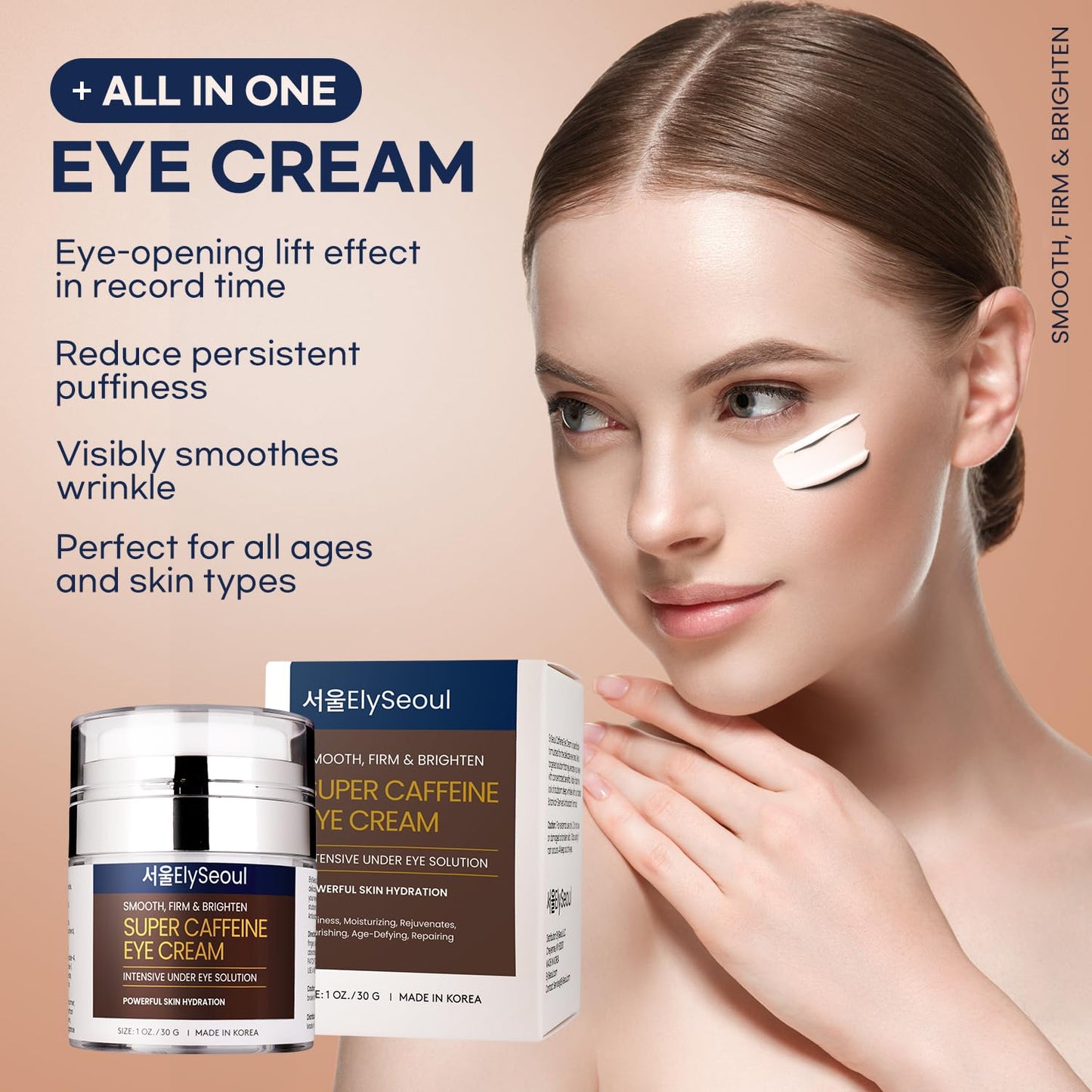 Korean Caffeine Collagen Eye Cream: Puffiness & Dark Circles Under Eye Treatment - Anti-Aging with Peptides & Hyaluronic Acid, 1 oz / 30g