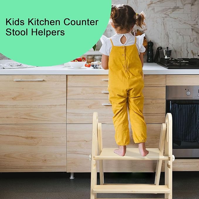 WOOD CITY Step Stool Foldable for Toddlers, Adjustable Kids Step Stool for Bathroom Sink Toilet Potty Training Stool with Handles Child Kitchen Counter Stool Helper Montessori Kitchen Stools
