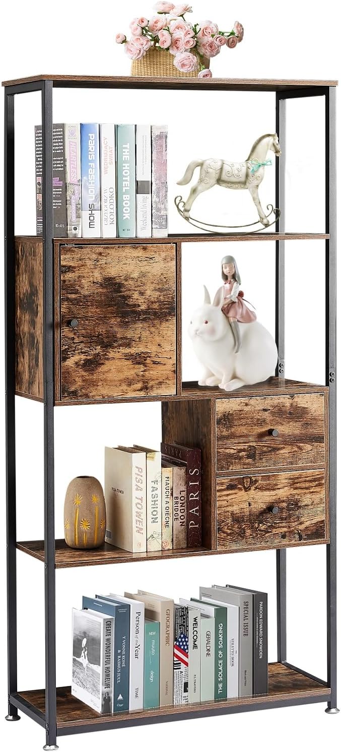 VECELO 5-Tier Bookshelf,Bookcase with 2 Storage Drawers and 1 Cabinet, Wood Shelves with Metal Frame,Open Book Shelves Standing Shelf Unit for Living Room, Bedroom,Office,Kichen