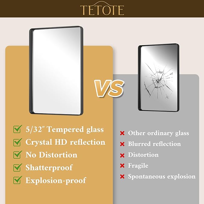 TETOTE Black Bathroom Mirror 20 x 30 Inch Matte Black Bathroom Mirrors, Tempered Glass, Modern Farmhouse Wall Mounted Mirror for Decorative(Horizontal/Vertical)