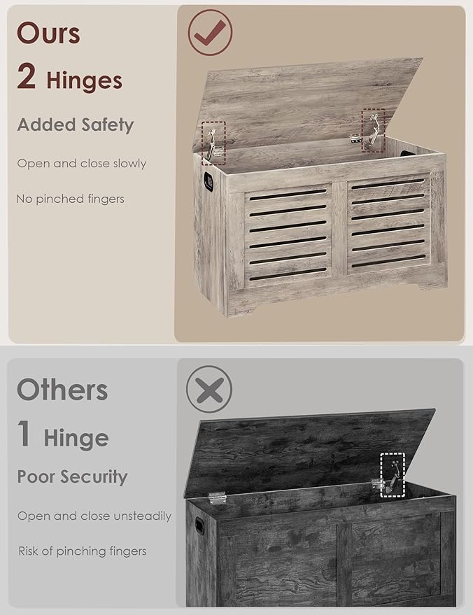 DINZI LVJ Storage Chest, Wooden Toy Box Organizer with 2 Safety Hinges, Flip-top Entryway Shoe Bench, Good Ventilation, Retro Storage Bench for Living Room, Bedroom, Easy Assembly, Greige