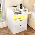 Gadroad LED Nightstand with Charging Station, Bedside Table with 3 Drawers and LED Lights, End Table Sofa Couch Side Table with Pull-Out Shelf, White
