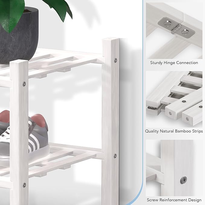Haddockway Long 3 Tier Bamboo Shoe Rack Storage Organizer, Multifunctional Free Standing Stackable Shoe Shelf with Grid Panel for Closet,Hallway,Entryway,Small Space 34.2"x11"x20"(White, 3-Tier(Long))