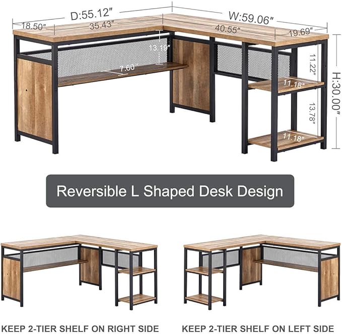 FATORRI L Shaped Computer Desk with Wood Shelves, Industrial Rustic Home Office Corner Desk with Metal Legs (Rustic Oak, 59 Inch)