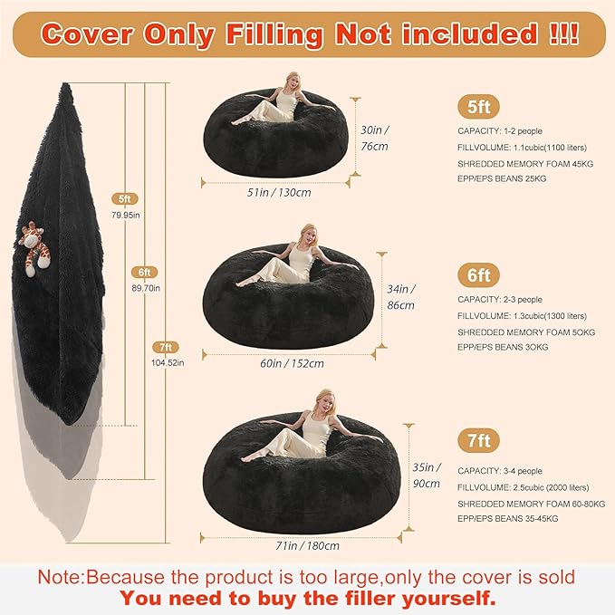 Bean Bag Cover(No Filler), Fluffy Beanbag Chairs Cover Only, Stuffed Animal Storage Bean Bag, Washable Lazy Sofa Beanbag Cover without Filler, 6FT, Black