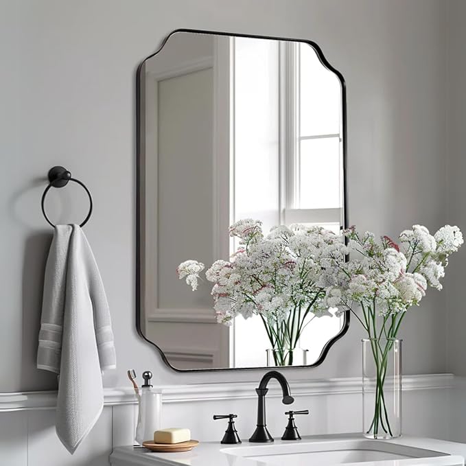 Black Wall Mirror, 24"x36" Black Scalloped Mirror, Unique Curved Edge Design, Anti-Rust SUS304 Frame, Hangs Vertical or Horizontal