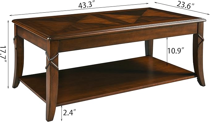 Mid-Century Modern Living Room Coffee Table Set, 2-Piece Solid Wood Living Room Table Set, 1 Solid Wood Coffee Table with Storage Shelf and 1 End Table, Cherry Walnut KFZ-DR200-2