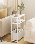Narrow Side Table, 3-Tier Side Table with Storage Bag, Narrow Nightstand for Small Spaces, Bedside Table for Living Room, Bedroom, White