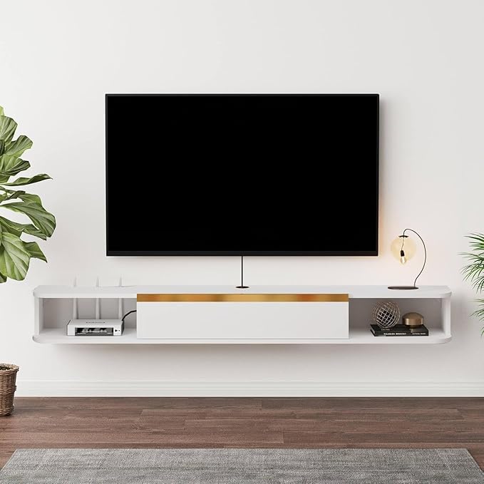 Floating TV Stand, 63'' Wall Mounted Entertainment Center TV Media Console, Floating Shelves with Door, Floating TV Cabinet Large Storage TV Bench for Living Room (White, 62.99IN)