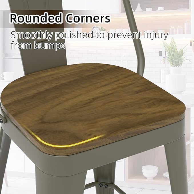 Metal Bar Stools Set of 4, High Back Bar Stools with Wooden Seat, 24 inch Rusty Barstools for Kitchen Island