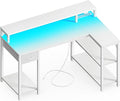 SUPERJARE 47 inch Reversible L Shaped Desk with LED Lights & Power Outlets, Computer Desk with Shelves & Monitor Stand, Gaming Desk with Drawer, Home Office Desk Corner Desk, PU White Drawer