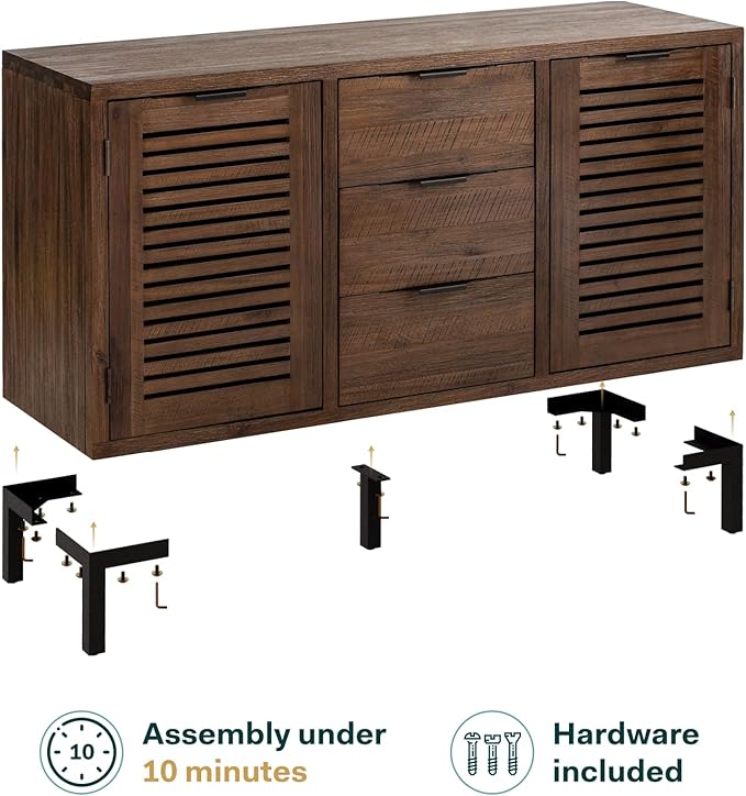 Bme Millie Premium Solid Wood Sideboard Storage Cabinet with Storage, Pre-Assembled with 3 Drawers & 2 Doors, Adjustable Shelves