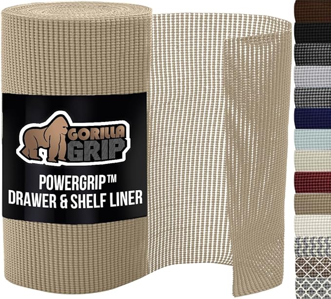 GORILLA GRIP powerGRIP Drawer Shelf and Cabinet Liner, Thick Strong Hold, Non-Adhesive Liners Protect Kitchen Cabinets and Cupboard, Bathroom Drawers, Easy Install, Breathable Mat, 20" x30', Beige
