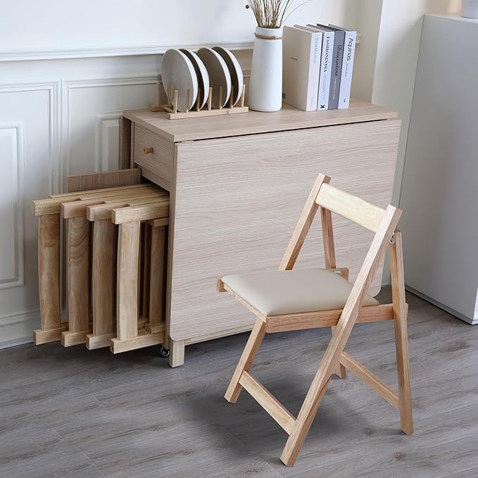 Wood Drop Leaf Folding Dining Table with 2 Drawers and 4 Wheels, Wooden Padded Chairs Set of 4, Space Saving Dining Table with 4 Chairs