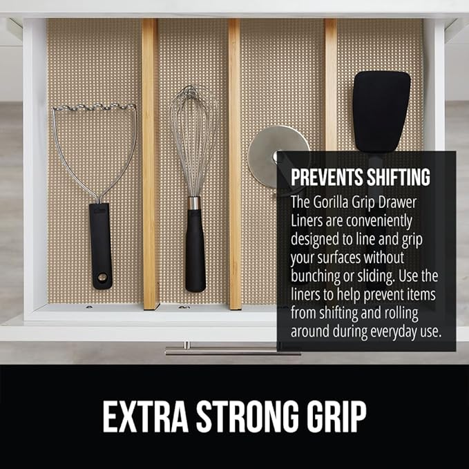 GORILLA GRIP powerGRIP Drawer Shelf and Cabinet Liner, Thick Strong Hold, Non-Adhesive Liners Protect Kitchen Cabinets and Cupboard, Bathroom Drawers, Easy Install, Breathable Mat, 24" x20', Beige