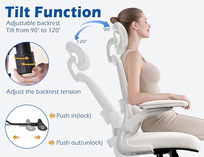 TRALT Ergonomic Office Chair - Desk Chair with Adjustable Headrest Lumbar Support Computer Chair - Mesh Comfy Chair with Flip-up Armrests - Gaming Chairs for Adults Home Office (Leather, White)