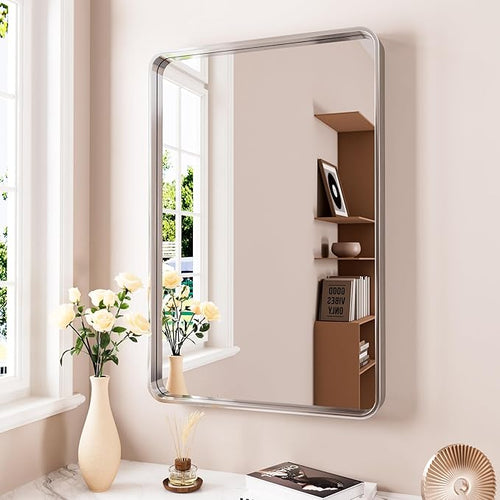 24x36 Inch Brushed Nickel Bathroom Mirror, Brushed Silver Metal Frame Mirror Wall Mounted, Rounded Rectangle Bathroom Vanity Mirror, Tempered Glass, Anti-Rust, Horizontal/Vertical