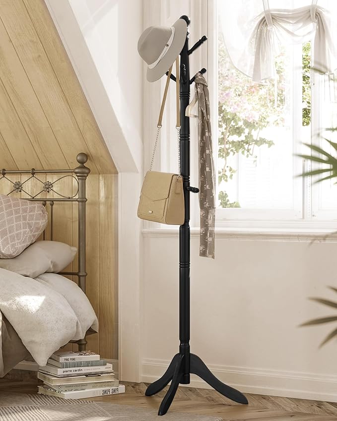 VASAGLE Solid Wood Coat Rack and Stand, Free Standing Hall Coat Tree with 10 Hooks for Hats, Bags, Purses, for Entryway, Hallway, Rubberwood, Ink Black URCR003B01