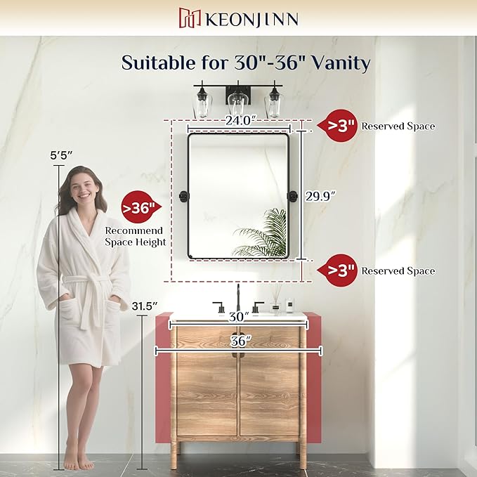 Keonjinn Pivot Mirror Bathroom, 24x30 Inch Black Tilt Mirror Bathroom for Over Sink, Matte Black Framed Mirrors for Bathrooms, Adjustable Beveled Rounded Corner Tilt Wall Mirrors, Horizontal/Vertical