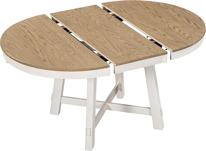 Farmhouse Style Expandable Round to Oval Dining Table with 16" Removable Leaf, Solid Wood Extendable Tabletop with Cross Trestle Legs, Space-Saving Kitchen-Tables for Home Apartment Restaurant