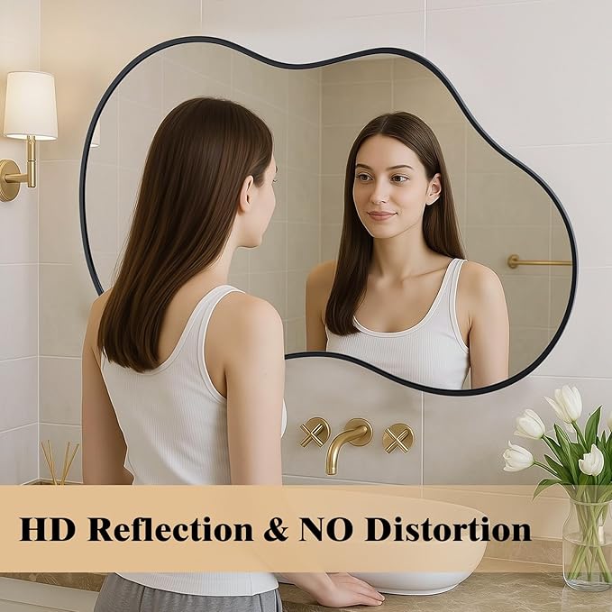 WEER Irregular Wall Mirror, 26x46 inch Black Asymmetrical Mirror Wall Mounted Mirrors Decorative, Abstract Wavy Aluminum Alloy Frame Mirror for Bathroom, Bedroom, Living Room, Entryway
