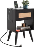 WLIVE Black Rattan Night Stand with Charger Station, Small Side Table Drawer Storage and Shelf, Mid Century Nightstands with Rattan Decor, Small Side Table for Bedroom, Black
