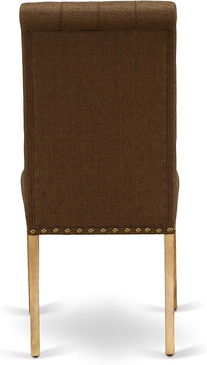 East West Furniture ESBR3-OAK-18 3 Piece Kitchen Table & Chairs Set Contains a Round Dining Room Table with Pedestal and 2 Brown Linen Linen Fabric Parsons Chairs, 30x30 Inch, Oak