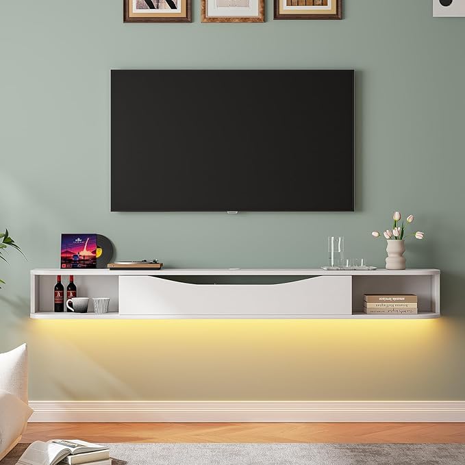 Floating TV Stand,70'' Wall Mounted TV Cabinet,Floating TV Console,Under TV Shelf with 1 Door and 2 Cabinets for TVs up to 75''(White)