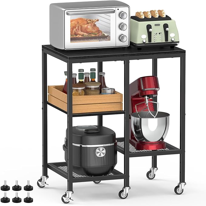 Kitchen Microwave Cart,Microwave Stand with Wheels,Coffee Bar Table Station,4-Tier Rolling Baker's Rack,Small Appliance Storage Shelf,Utility Side Table for Kitchen,Living Room (Black)