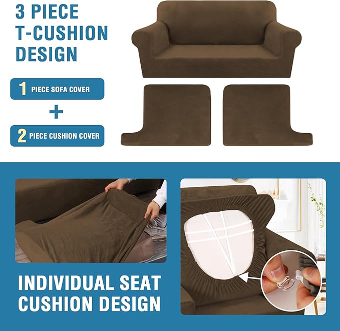 H.VERSAILTEX Sofa Cover 3 Piece T Cushion Loveseat Slipcovers Thick Velvet Couch Cover Stretch T Cushion Sofa Covers for 2 Cushion Couch with 2 Individual T Cushion Covers, Bronze Brown