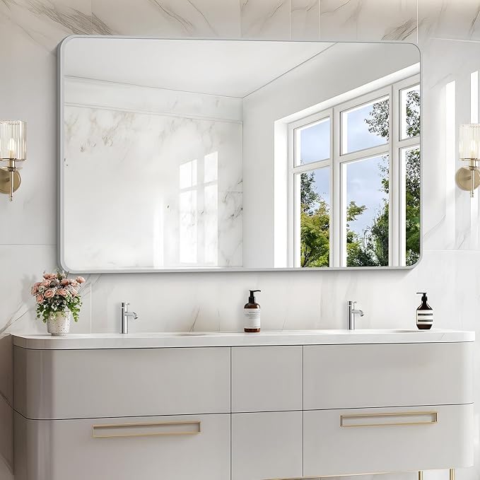 55x36 Inch Silver Bathroom Mirror, Large Rectangular Vanity Mirror, Metal Framed Rectangle Mirror, Rounded Corner Wall Mounted Mirrors for Living Room Bedroom Entryway Horizontal or Vertical