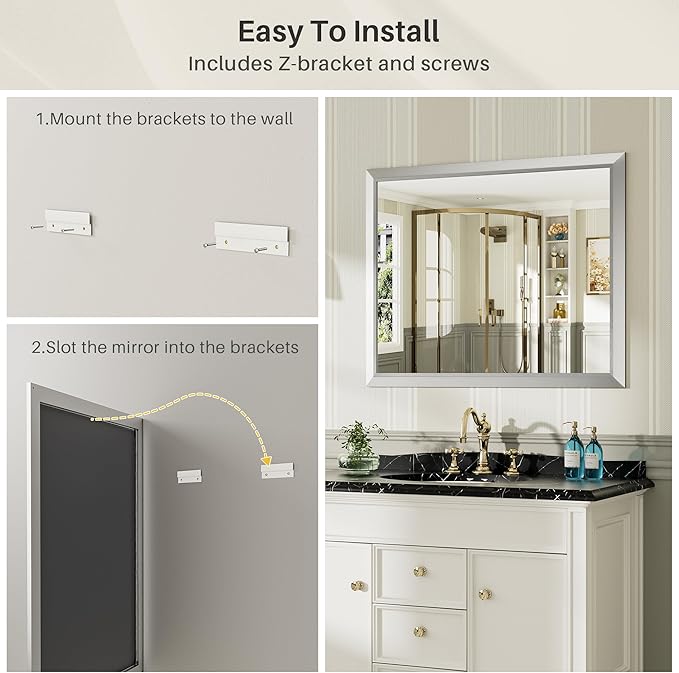 55x36 Inch Silver Bathroom Mirror for Wall, Thick Metal Framed Rectangle Mirrors for Over Sink, Bedroom, Living Room, Entryway, Anti-Rust, HD Tempered Glass