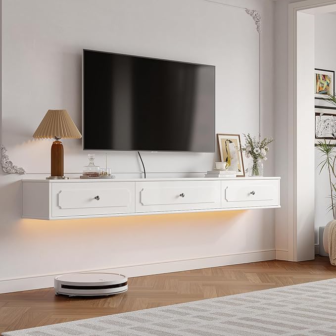 Retro Floating TV Console with 3 Doors,55'' High Gloss Floating TV Stand,Wall Mounted TV Cabinet,Contemporary Floating Media Console for Under TV Storage,Living Room,Bedroom(White)