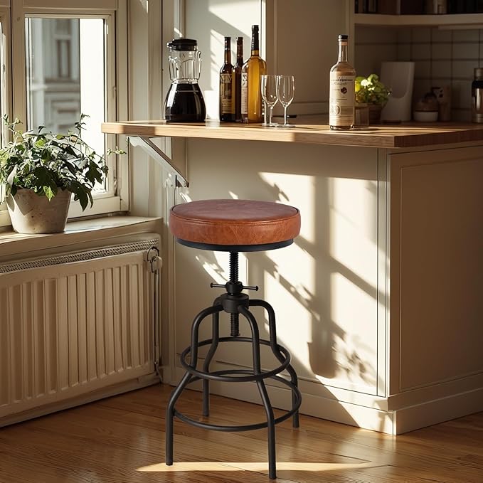 LOKKHAN Industrial Bar Stools-Swivel Leather Metal Bar Stool-20-27 Inch Tall Counter Height-Adjustable Kitchen Stool Dining Chair Cafe Stools (Set of 2)