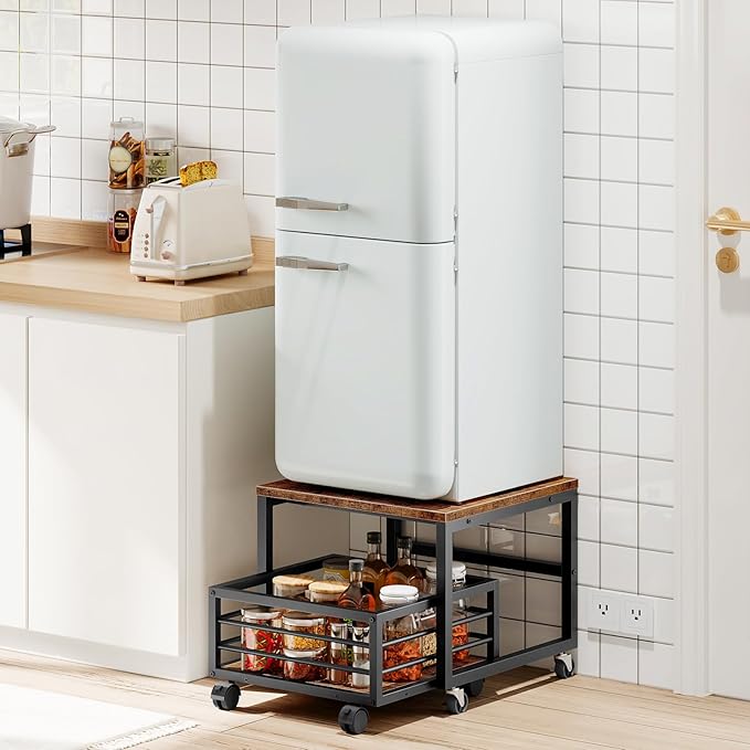 HOOBRO Mini Fridge Stand with Movable Storage Basket, Mini Fridge Cabinet with Wheels and Adjustable Feet, Sturdy Metal Frame, for Home, Apartment,Office, Dorm, Rustic Brown and Black BF155TL01
