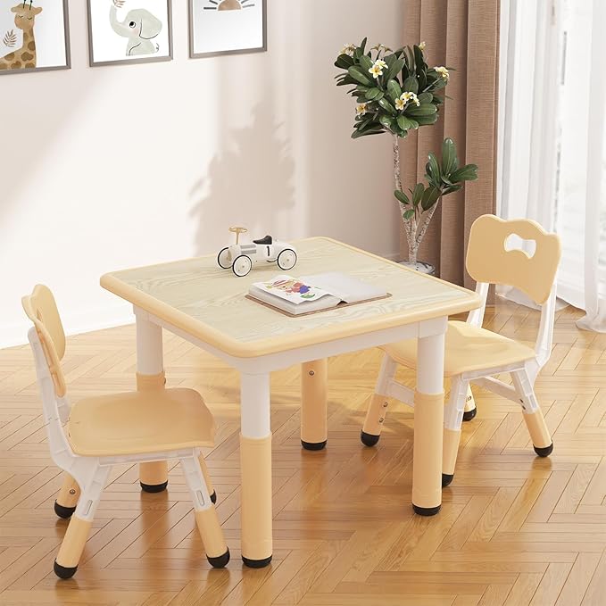 GarveeHome Kids Table and 2 Chairs Set, Height Adjustable Toddler Table and Chair Set for 2, Graffiti Desktop, Non-Slip Design, Children Table for Home Daycare Preschool for Ages 2-8, Beige