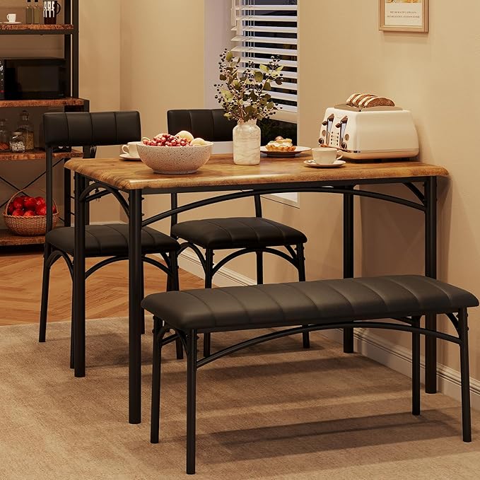 GAOMON Dining Table Set for 4 with Upholstered Bench and 2 Chairs, Rectangular Dining Room Table Set for 4 for Small Space, Apartment, Dinner, Rustic Brown
