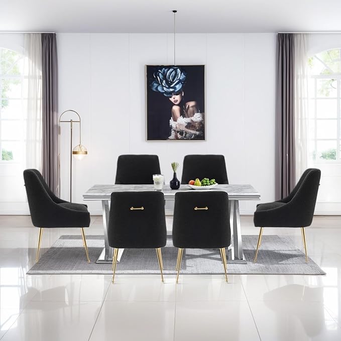 Dining Chairs Medieval Modern Restaurant Chairs, Soft Cushions, Teddy Velvet, Polished Gold Metal Legs, Kitchen Chairs, Living Room Black 6-Piece Set