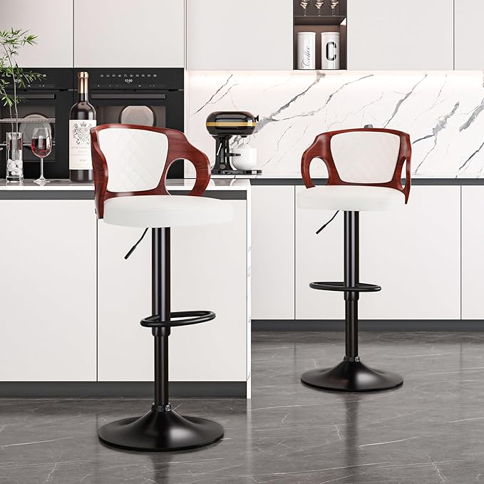 VECELO BarStools Set of 2,Counter Height Stools with Bentwood Back&Arm, Swivel Barstools,PU Leather Kitchen Island Stools, Adjustable Height Bar Chairs for Club Pub Dining Room,Pearl White