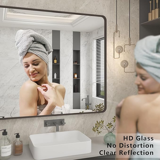 60x36 Bronze Bathroom Vanity Mirror for Wall, Large Bronze Frame Mirror with Brushed Metal Frame, Rounded Rectangle Mirror, Shatterproof, Anti-Rust (Horizontal/Vertical)