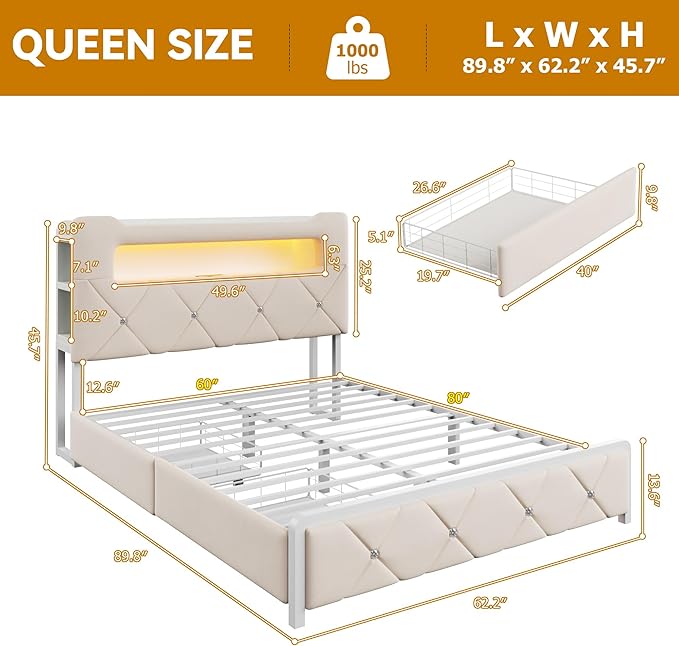 Queen Upholstered LED Bed Frame with 2 Storage Drawers and 2-Tier Storage Headboard,Velvet Princess Platform Bed with Charging Station & Bookcase, Corner Bed Frame, Heavy Duty Metal Support, Beige